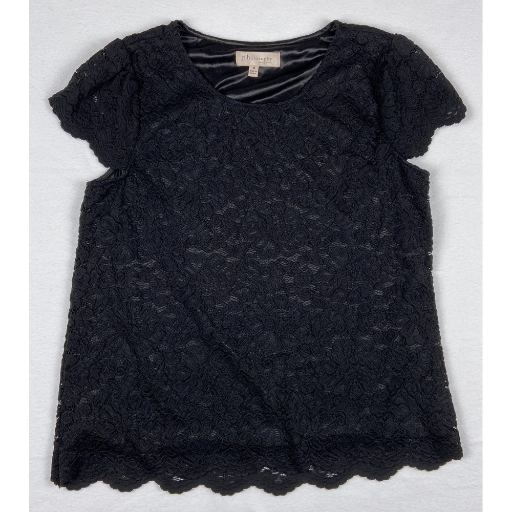 Philosophy Republic Clothing Black Floral Lace Scalloped Hem Blouse Top Womens M